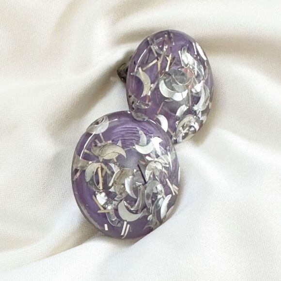 Purple Lucite Confetti Earrings Silver Moon Celestial - Picture 4 of 5
